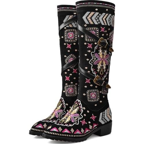 US4-11 Womens Pointy Toe Genuine Leather Knee Thigh Boots Embroidery Retro Floral Chunky Heel Belt Buckle Shoes Ethnic Plus Size