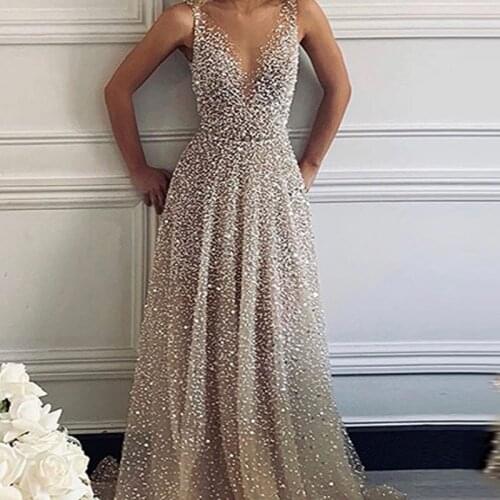 Beading Prom Dresses 2020 A Line V Neck Spaghetti Strap Floor To Length Women Sparkly Amazing Evening Formal Gowns Long