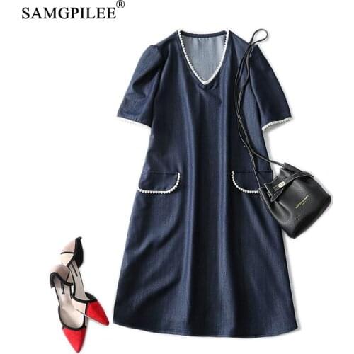 Summer Dress 2021 Korean Style New Casual A-line Solid Short Sleeve Embroidered Flares Knee-length Empire V-neck Women Dresses
