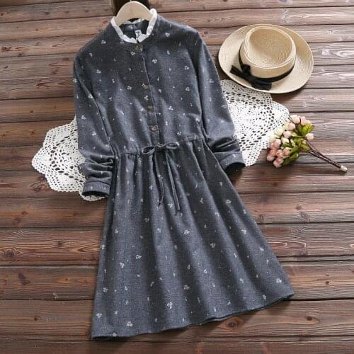 Mori girl fashion cusual sweet dress 2019 spring new arrival ruffled long sleeve print dress