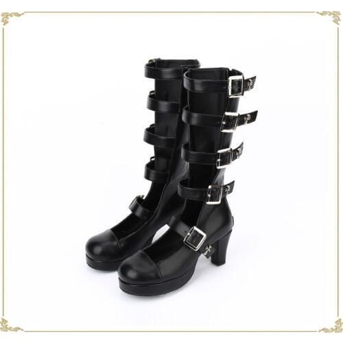 Princess sweet punk shoes new dark winter cross belt high-heeled 6.5cm round-toe buckle strap zipper boots pu8829
