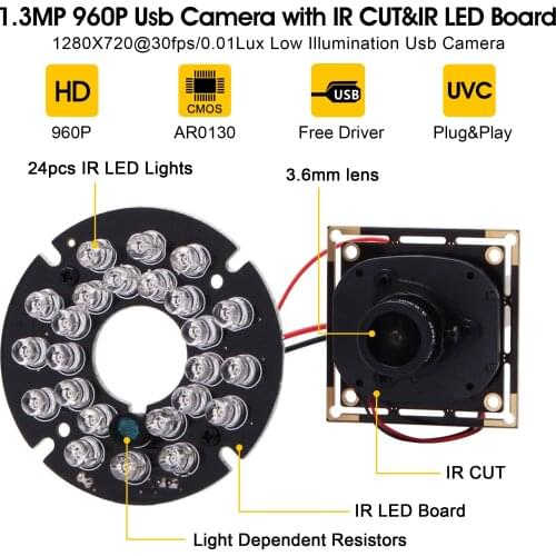 1.3 megapixel IR USB Camera AR0130 CMOS Sensor Infrared Camera Module Webcam For Windows Linux Mac Android