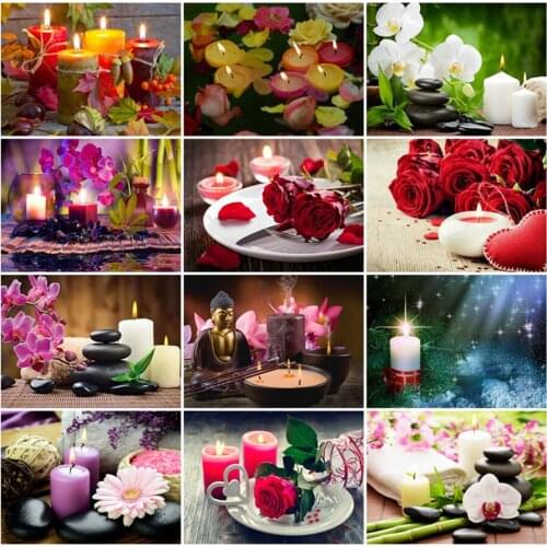 Yumeart Diamond Art by Number "Candle Orchid " 5D Diamond Painting by Number Rhinestones Diamant Painting Embroidery Home Decor