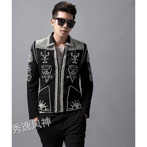 Hand beads jacket men Stand Collar Slim Blazers Coat Wedding Bar Singer Stage Costume Blaizer Hombre heavy wormanship outfit