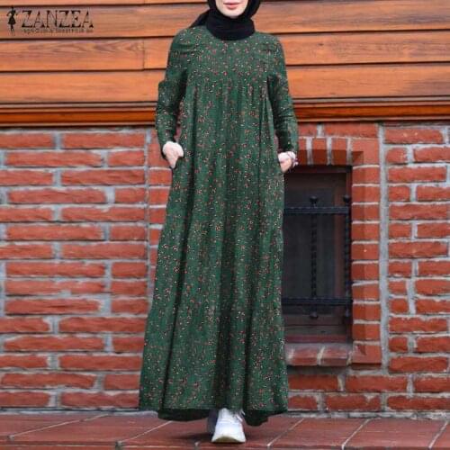 Long Kaftan ZANZEA Fashion Retro Floral Print Muslim Dress Womens 2021 Autumn Dubai Abaya Casual Cotton Linen Ruffle Dresses