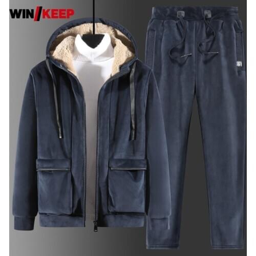 Men Lamb Wool Cotton Trousers Sport Suit Autumn Winter Thick Warm Hooded Jacket Elastic Waist Pants 2 Piece Running Set Oversuze