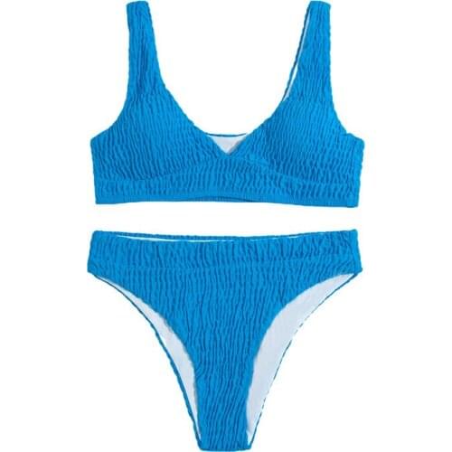 Women 2pcs Bathing Suit Deep V Neck Sleeveless Solid Color Shirred Bikini Tops + Shorts Set Female Summer Folds Swimsuit Bikini