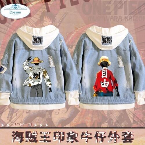 Cossun Anime One Piece denim bomber jacket ONE PIECE D Luffy Hooded Jeans Sweatshirt Unisex Ripped hole cosplay hoodie fashion