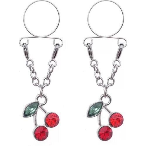 New Stainless steel Cherry Non pierced Clip On Nipple Ring Women Nipple Crystal Fake Nipple Dangle Adjustable Sexy Body Jewelry