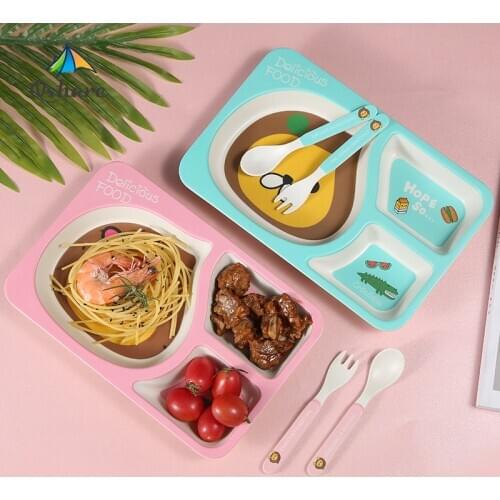 3pcs Cute Toddler Dishes Bamboo Tableware Set Dinner Service Spoon and Fork Plate for Baby Self-Feeding BLW