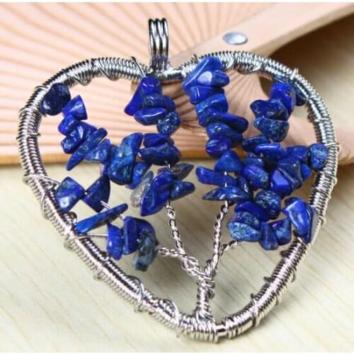 Natural Blue Blue-Vein Stone Chips Handmade Wire Wrap Tree Of Life Heart Pendant Fashion Reiki Jewelry For Women Necklace