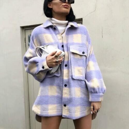 Womens Spring Autumn Purple Plaid Jackets Long Sleeve Turn-down Collar Casual Streetwear Buttoned Coat