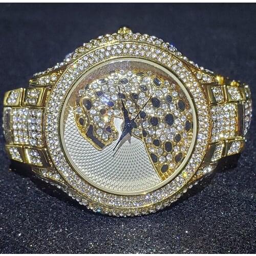 Hip Hop MISSFOX Leopard Mens Gold Watch High Quality Top Brand Luxury Diamond Strap Stainless Steel Business Quartz Wristwatch