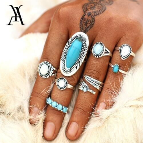 Boho Big Opal Stone Rings Set For Women Fashion 8Pcs/set Antique Silver Color Geometric Knuckle Ring Trendy Jewelry Anillos Gift