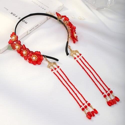 New Retro Chinese Style Red Flower Leaf Pearls Long Tassel Pendant Handmade Hairbands Hanfu Dress Headbands for Women Girls