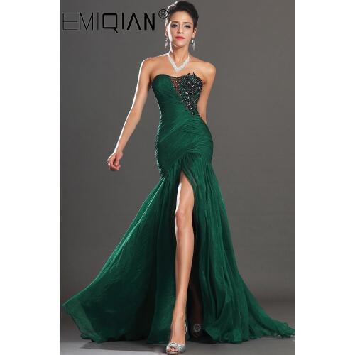 New Stunning High Split Strapless Dark Green Chiffon Evening Dress with Black Applique