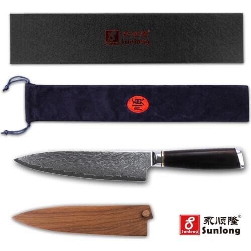 Sunlong Chef Knives 8 inch Japanese VG10 Damascus Steel Kitchen Knife Natural Ebony Wood Handle With Wood Sheath