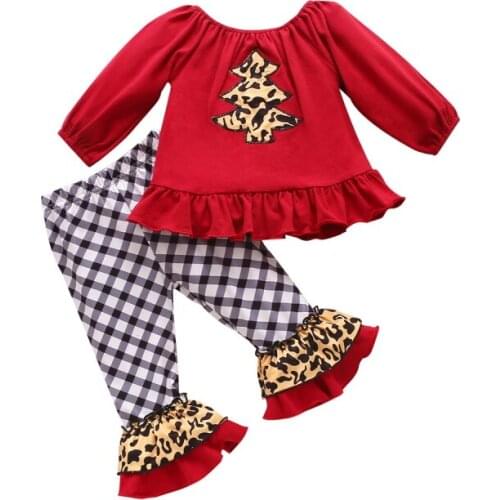 Autumn New Products Girls Leopard Print Christmas Tree Sweater Flared Pants Two-piece Red 120cm