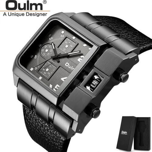 OULM Brand HP3364 Original Unique Design Square Men Wristwatch Wide Big Dial Casual Leather Strap Quartz Watch reloj hombre