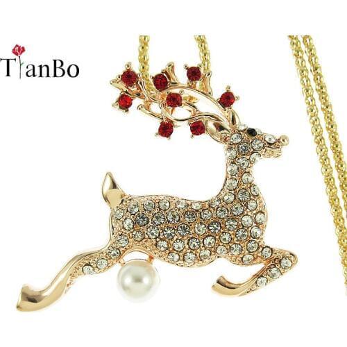 TianBo Lovely Cute Deer Necklace Enamel Long Sweater Chain Crystal New Necklaces Pendants For Women Christmas present