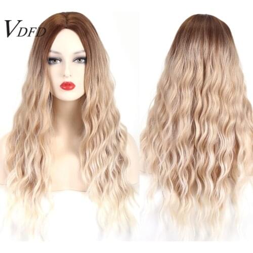VDFD Light Blonde Platinum Wig Ombre Synthetic Hair Natural Long Wavy Cosplay Wig Middle Part Heat Resistant for Women Daily