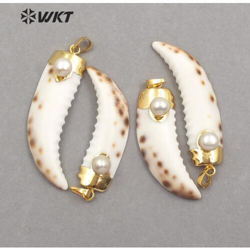 WT-JP072 WKT Natural shell pendant with freshwater pearl horn shape pendant for women jewelry making unique style