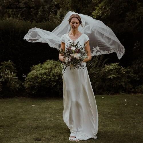 Simple Beach Short Sleeve Scoop Neck Backless Wedding Dresses With Back Buttons 2021 bridal robe soirée mariage lakshmigown