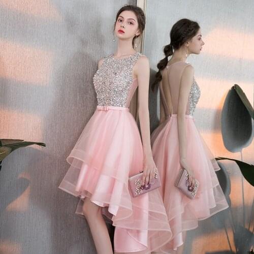 Sweet Hi-Lo Pink Tulle Evening Gowns Sequined Ruffle Girls Homecoming Dresses Open-Back Formal Party Boho Robe De Soiree