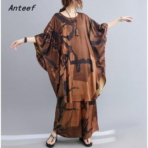 Chiffon vintage 2 two piece set women short sleeve casual loose midi summer dress elegant clothes 2021 wide leg pants