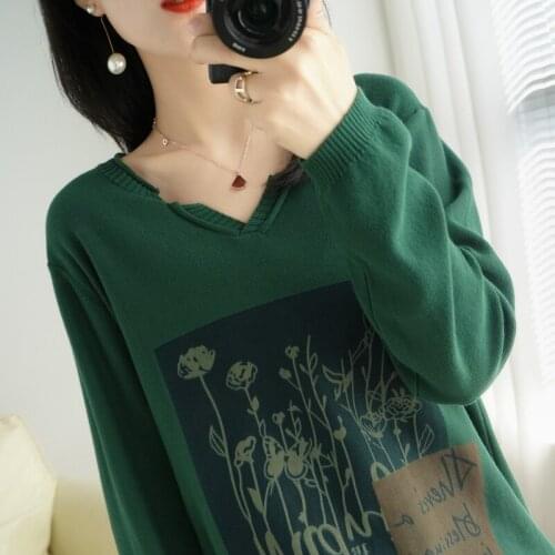 MERRLAMB 2021 New Womens V-Neck Pure Cotton Sweater Spring Autumn Casual Knitted Long Sleeve Cotton Pullover With Printed Tops