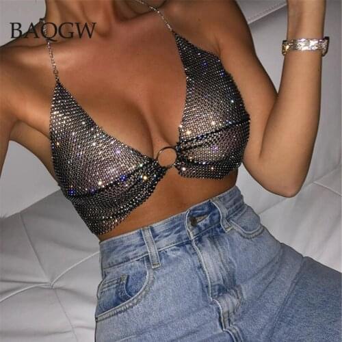 9 Colors Summer Halter Crop Top Women Festival Beach Club Outfits Party Shiny Tank Top Woman Sexy Backless Mesh Rhinestones Tops