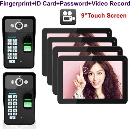 Home Security intercom 9" Touch Key Video Door Phone with Video Recording,1000TVL Outdoor Camera Fingerprint FRID Panel 2V4