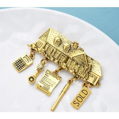 Wuli&baby Vintage Phone Caculator House Brooches For Women Men House Sell Rent Design Office Brooch Pin Gifts