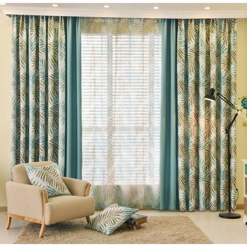 Green and Blue Bedroom Curtains Leaf Printed Stitching Darkening Farmhouse Kitchen Panels Elegant Polyester Fabric Window Drapes