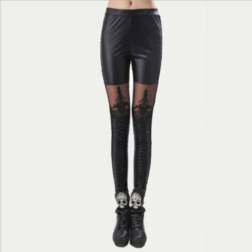 Women Ladies High Waiste Lace Leather Wet Look Leggings Pants Trousers Slim Pencil Pants Fashion