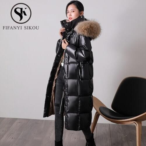 High quality Down Jacket Women Hooded Parka Long Coat Faux Fur collar Fashion Warm White Duck Down Coat Female Winter Jacket
