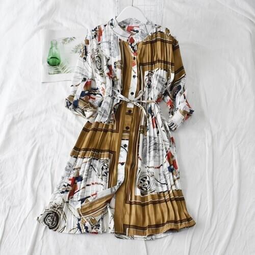Womens Shirt Dress Pleated Patchwork 2020 Spring Summer European Print Long-sleeved Midi Bandage Dresses Vestidos 110cm LS299