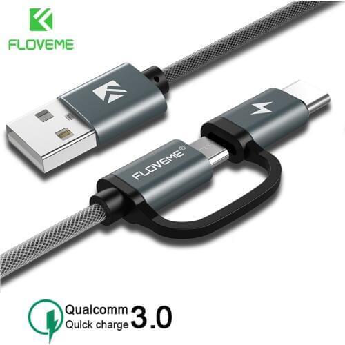 FLOVEME QC 3.0 USB Type C Cable for Samsung S10 S9 Plus 2 in 1 Fast Charging Micro USB Cable for Xiaomi Huawei Android USB Cable