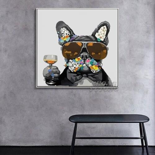 Abstract Animal Oil Canvas Painting on The Wall Posters and Prints A Bulldog Drinking Wall Art Picture for Kids Room Home Decor