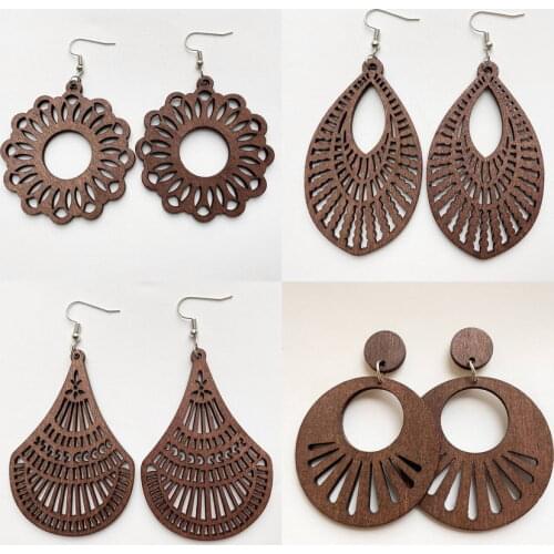 Free Shipping Hollow Out Flower Vintage Wooden Earrings African Women Jewelry Geometric Fan Shape Design Gifts Wholesale