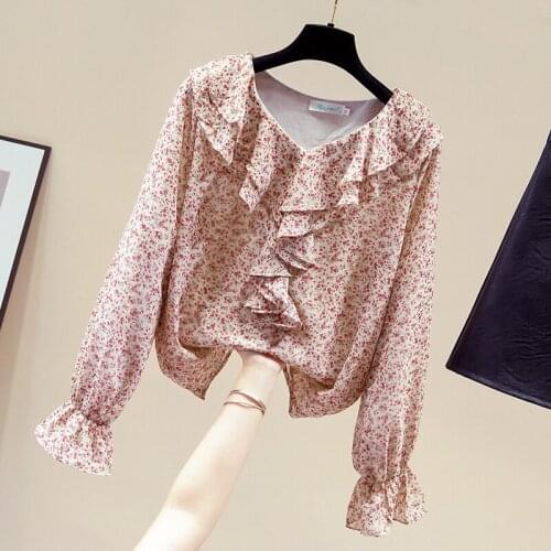 Blouse Women Long Sleeve Ruffles V-Neck Print Chiffon Blouse Shirt Tops Blusa Blusas Mujer De Moda 2021 Women Clothing D923