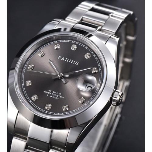 New Parnis 39.5mm Gray Dial Automatic Mens Watches Sapphire Crystal Date Window Mechanical Mens Wristwatch