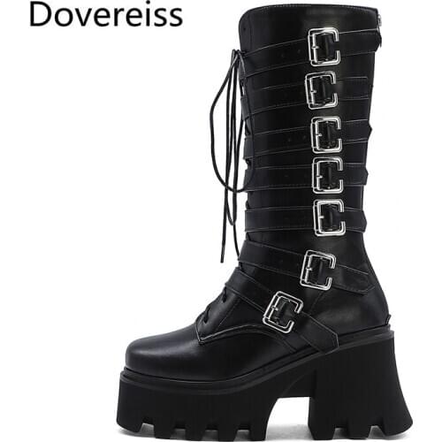 Dovereiss Fashion Womens Shoes New Winter Sexy Buckle Cross tied Concise Waterproof Block heels Matin boots Half boots 35-44