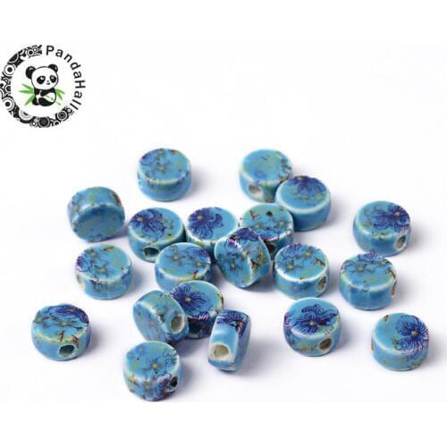 Handmade Printed Porcelain Beads, Flat Round, DodgerBlue, 9x5mm, Hole: 2mm