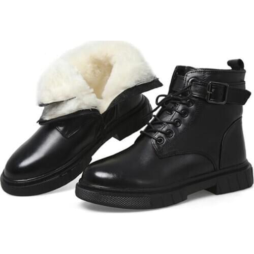 Hot 2020 New Top Cowhide Thick Warmth Wool Boots Women Boots Flat Non-slip Lace-up Side Zip Martin Boots Winter Shoes Snow Boots