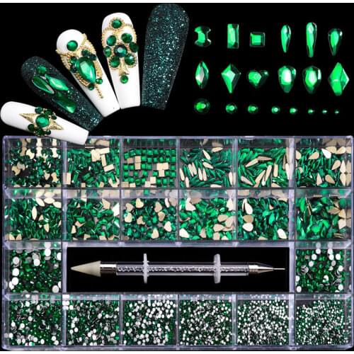 Mixed AB Glass Malachite Green Crystal Diamond In Grids 21 Shape Flatback DIY Rhinestone Nail Art Set With 1 Pick Up Pen