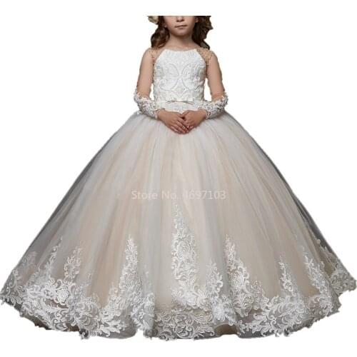 Customize Lace Flower Girl Dresses Comunion Wedding Party Little Bride Skirt Kids Ball Gown Long Sleeve Girls Pageant Clothes