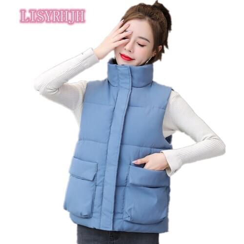 LISYRHJH 2020 New Autumn Winter Vest Waistcoat Women Short Vest Sleeveless Jacket Hooded Down Cotton Warm Pocket Vest Female