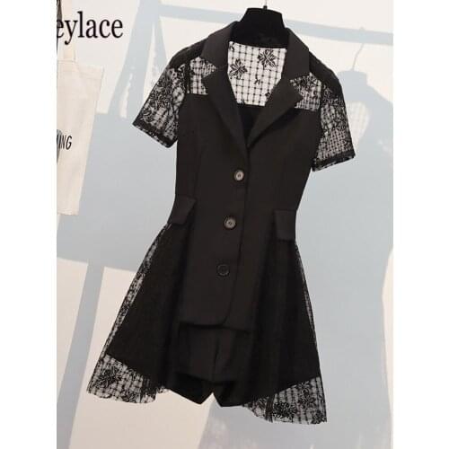 Plus size sets for women Summer elegant two piece sets office ladies elegant irregular lace patchwork blazer top and shorts suit
