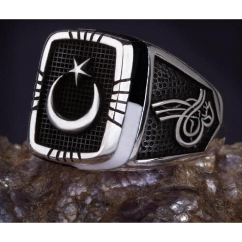 Silver Men Crescent Star Motif Ring Ottoman Coat of Arms - Tughra Style Jewelry Black White Ring Made in Turkey